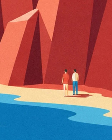 Les 2 personnages sur la plage dorée, au pied des hautes falaises rouges de l’Estérel