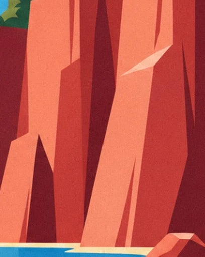 Les parois rocheuses rouge orangé et leurs ombres sombres au bord de l’eau