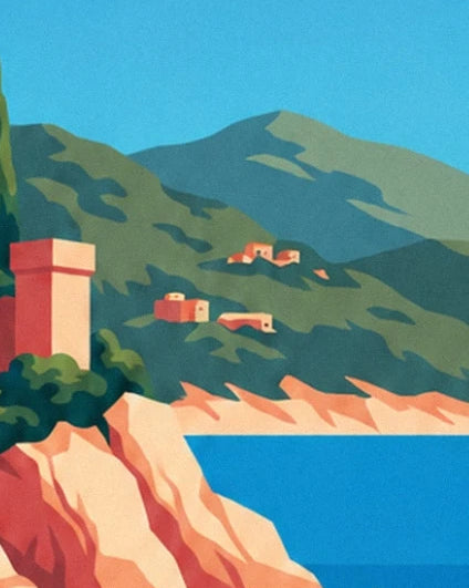 A tower on the cliff edge, with houses on the green hills and the blue sea