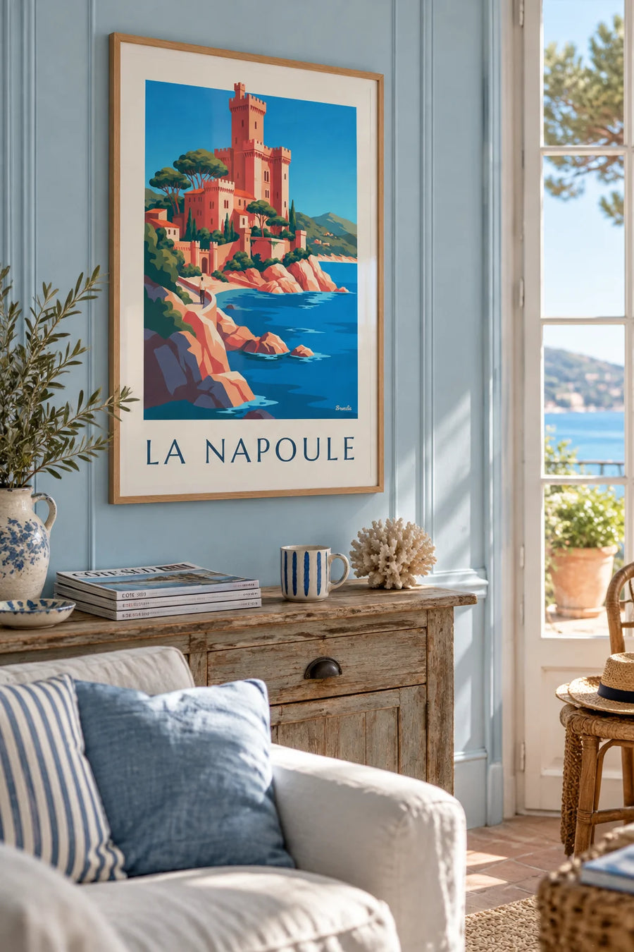 Poster of the Château de la Napoule by the sea: framed on the wall