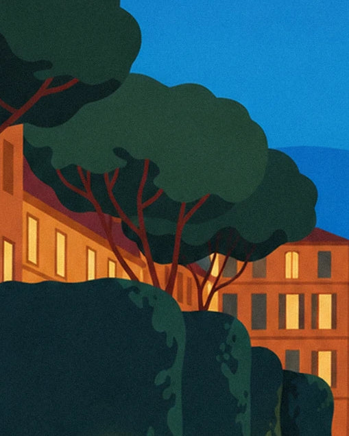 Les arbres aux cimes arrondies devant les façades orange aux fenêtres jaunes