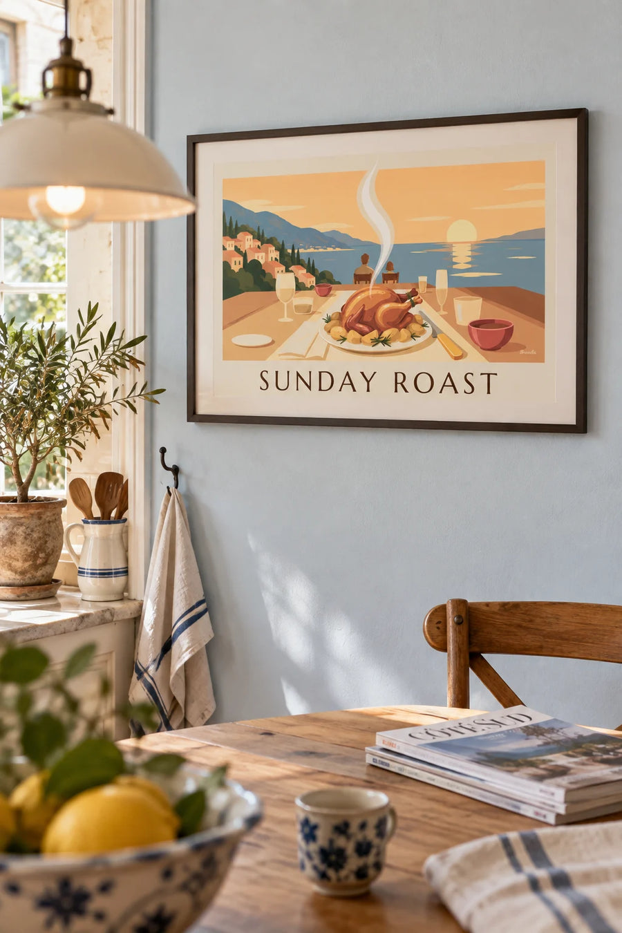 Affiche poulet rôti du dimanche et pommes de terre au romarin : encadrée au mur
