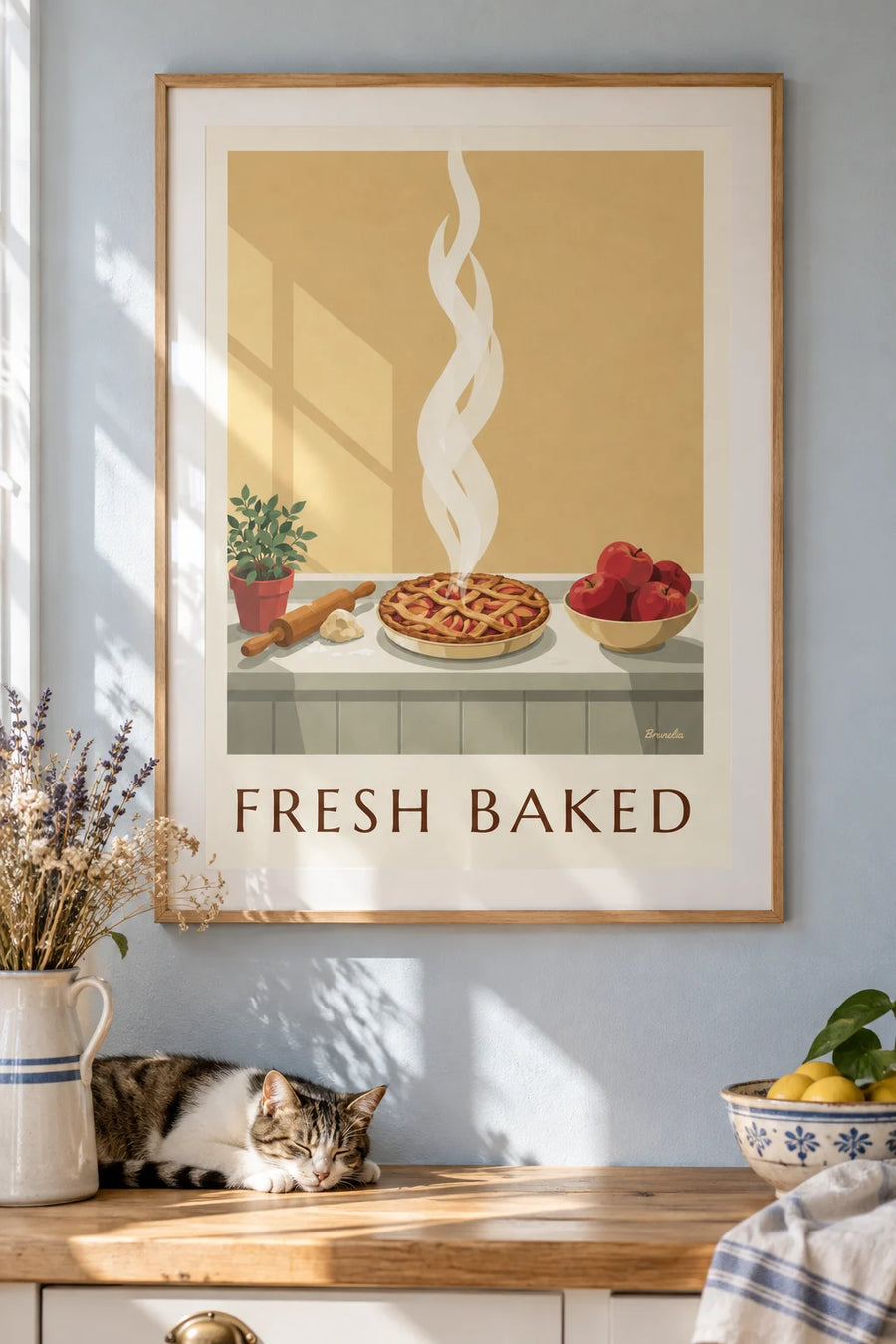 Poster of an apple pie and a rolling pin: framed on the wall