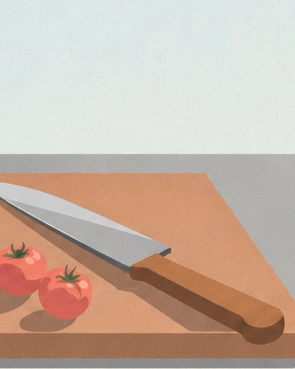 The large chef's knife with a wooden handle beside 2 red tomatoes on the chopping board