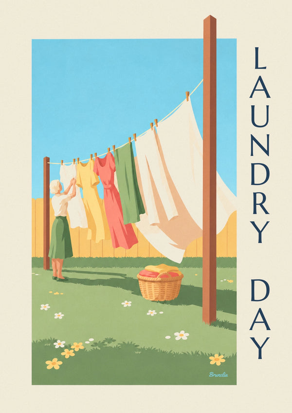 Affiche jour de lessive et linge blanc séchant au soleil