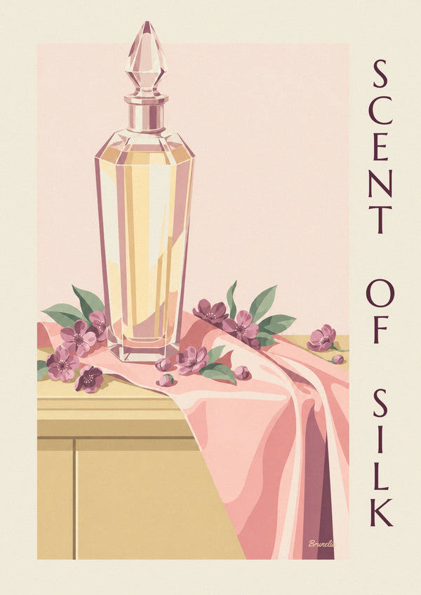 Affiche flacon de parfum en cristal et soie drapée