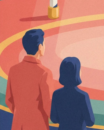 The 2 spectators seen from behind, in red and navy blue, in front of the circus ring