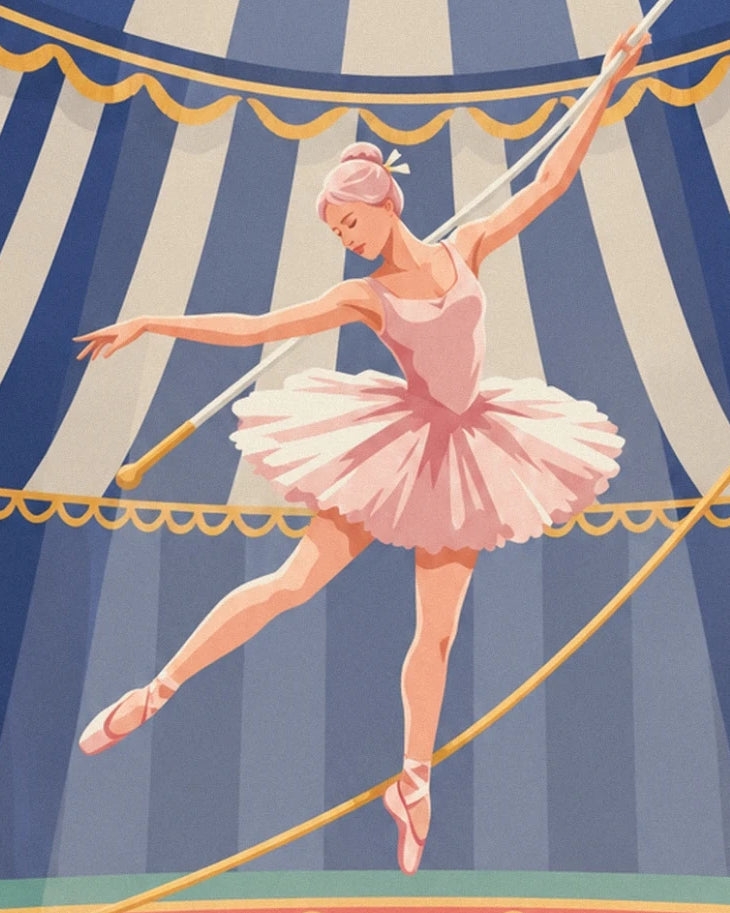 The tightrope walker in a pink tutu on her golden wire, beneath the blue and cream striped big top
