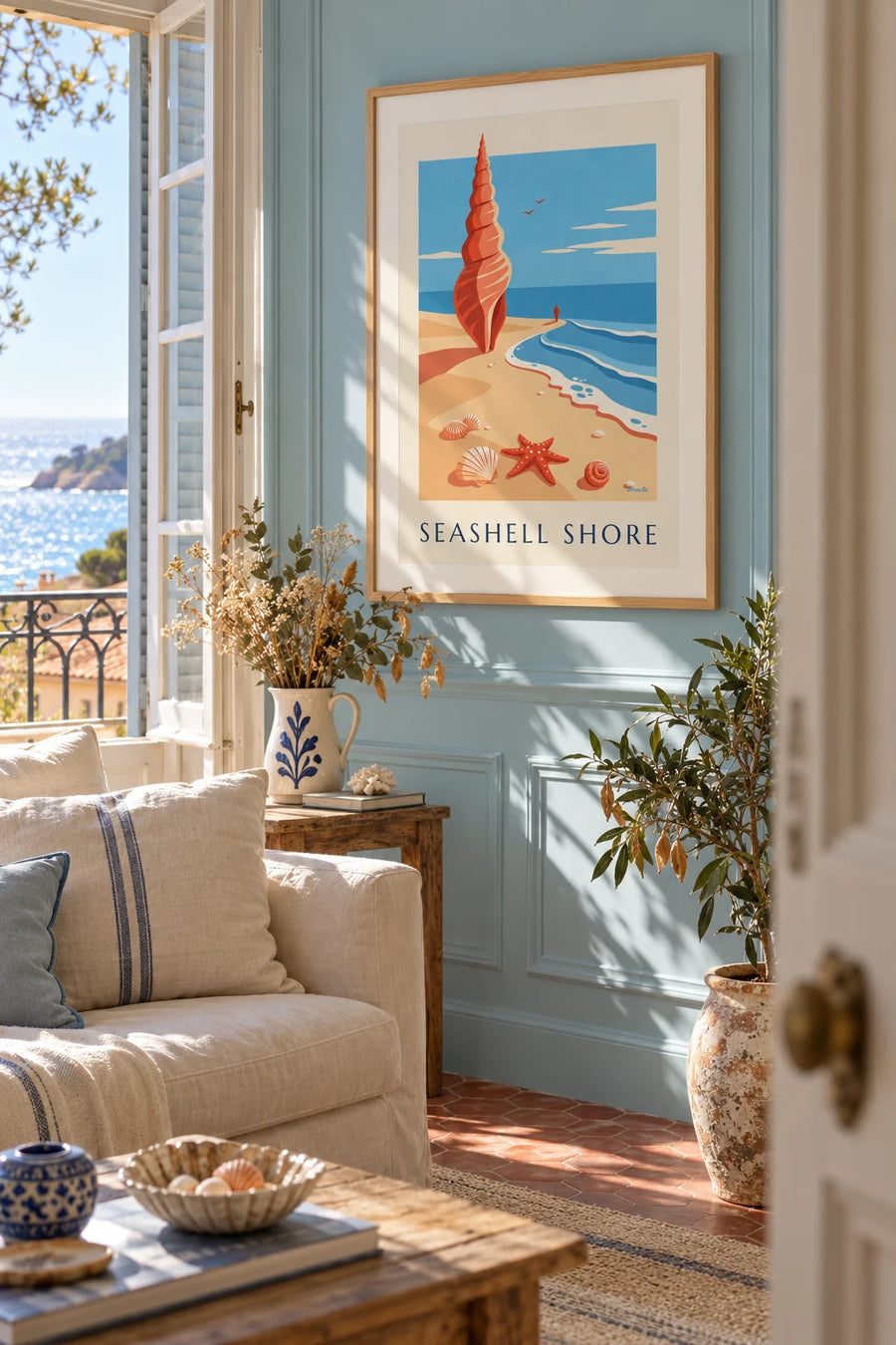 Affiche étoile de mer et coquillages sur le sable : encadrée au mur