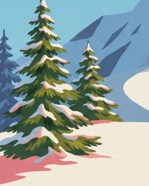 Fir trees with snow-dusted branches, beside a white slope and blue-tinted rocks