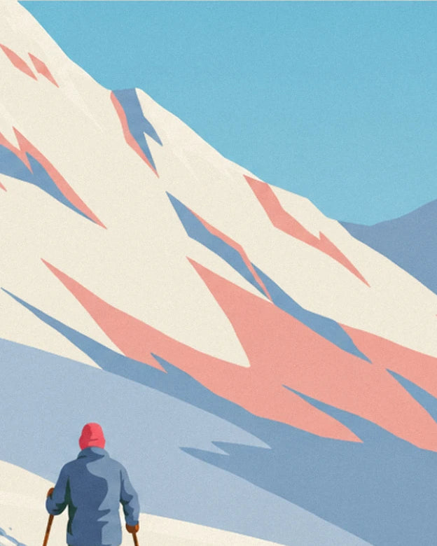 The snowy ridge with pink and blue shadows, with the hiker at the bottom of the slope