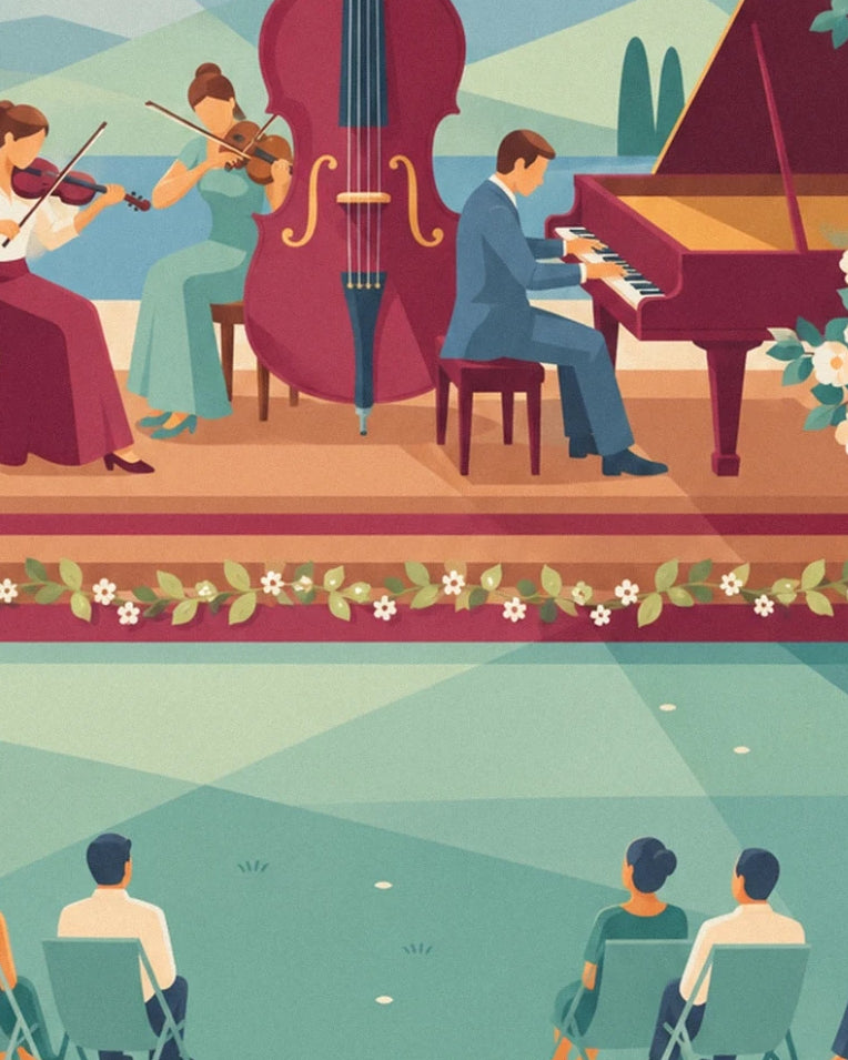 Outdoor summer classical music trio concert poster: close-up detail