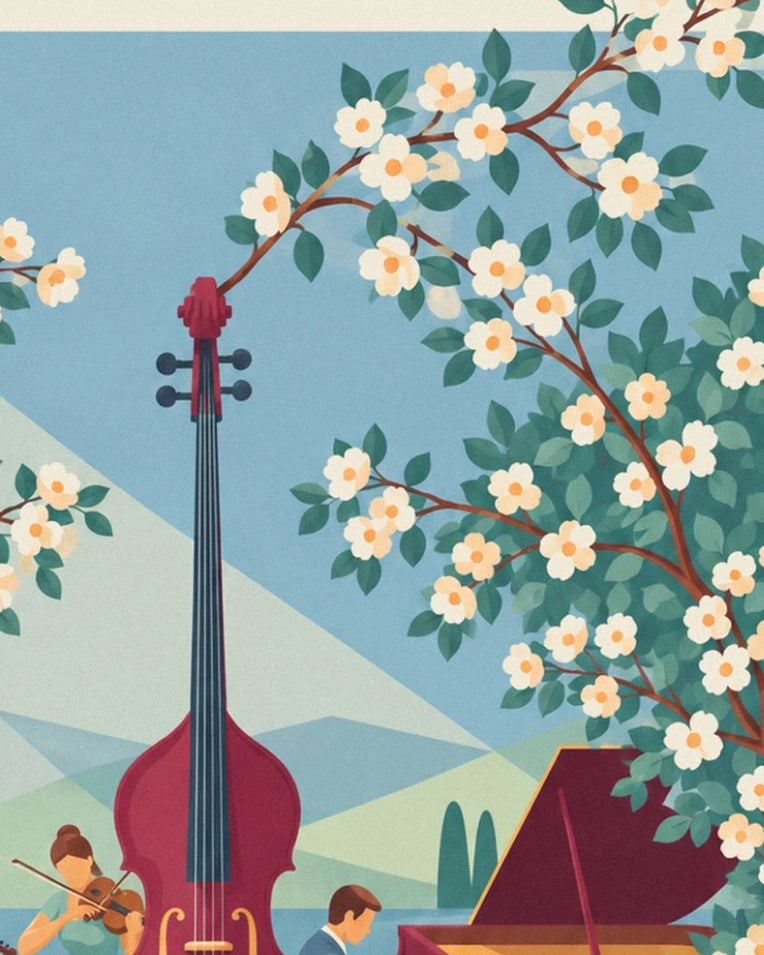 Outdoor summer classical music trio concert poster: close-up detail