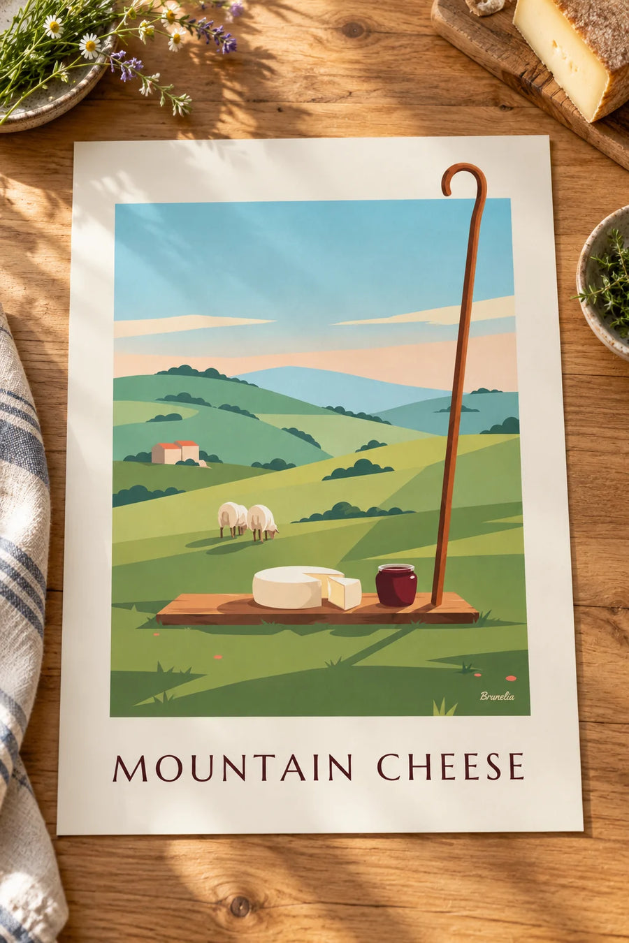 Affiche fromage de brebis basque et confiture de cerises noires : posée sur une table