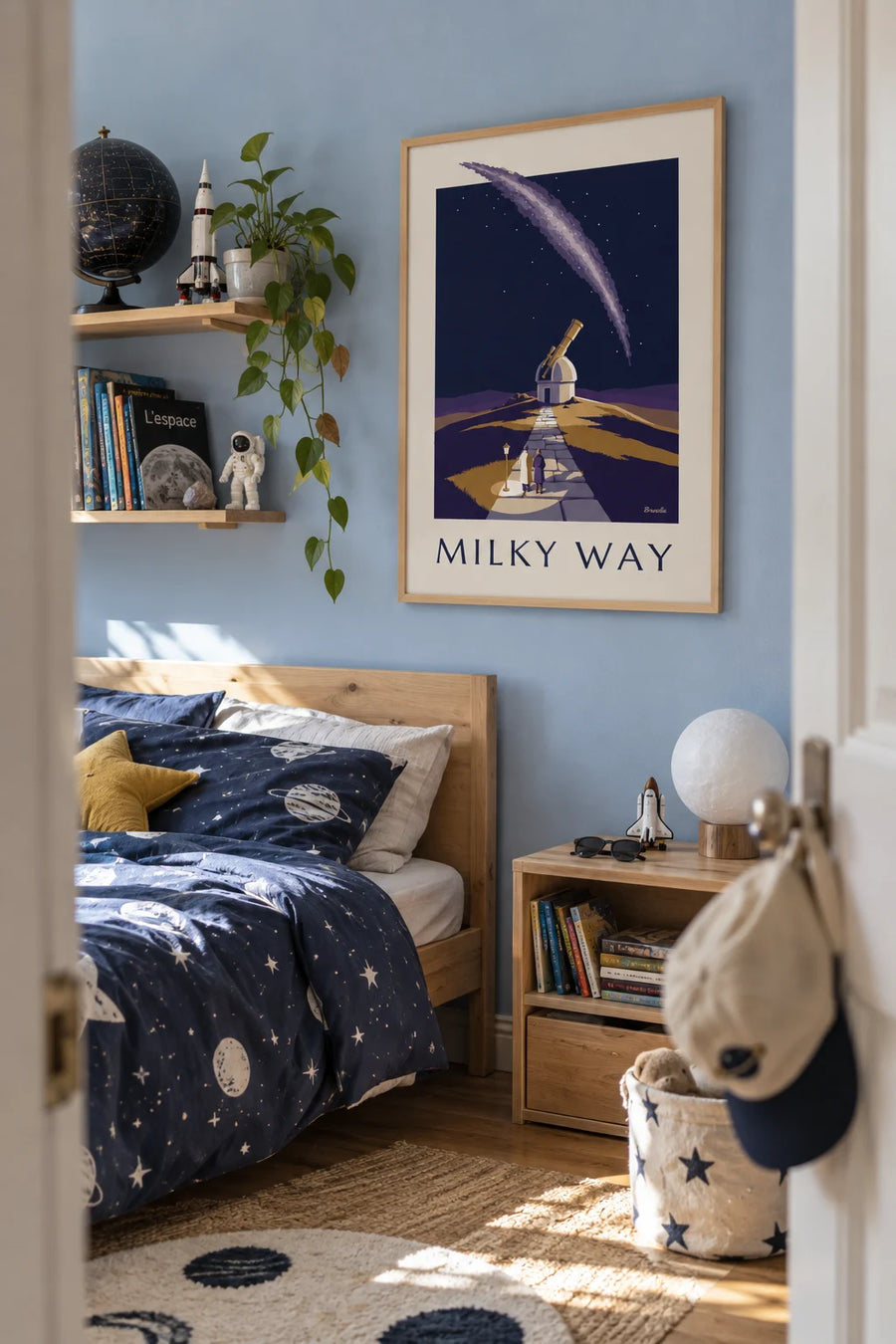 Observatory and telescope poster under the Milky Way: framed on the wall