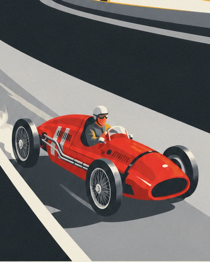 Voiture de course rouge à rayons et son pilote casqué, lancée dans le virage en piste grise