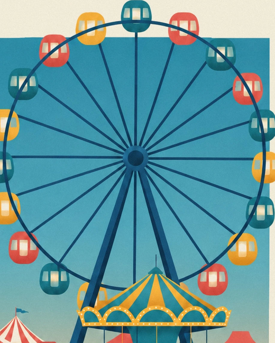 La grande roue aux nacelles rouges, jaunes et turquoise au-dessus du manège