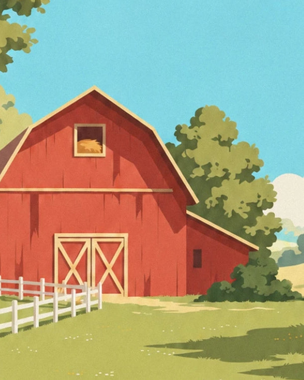 The red barn with a gambrel roof, large cross-braced doors and a hayloft dormer, near a white fence