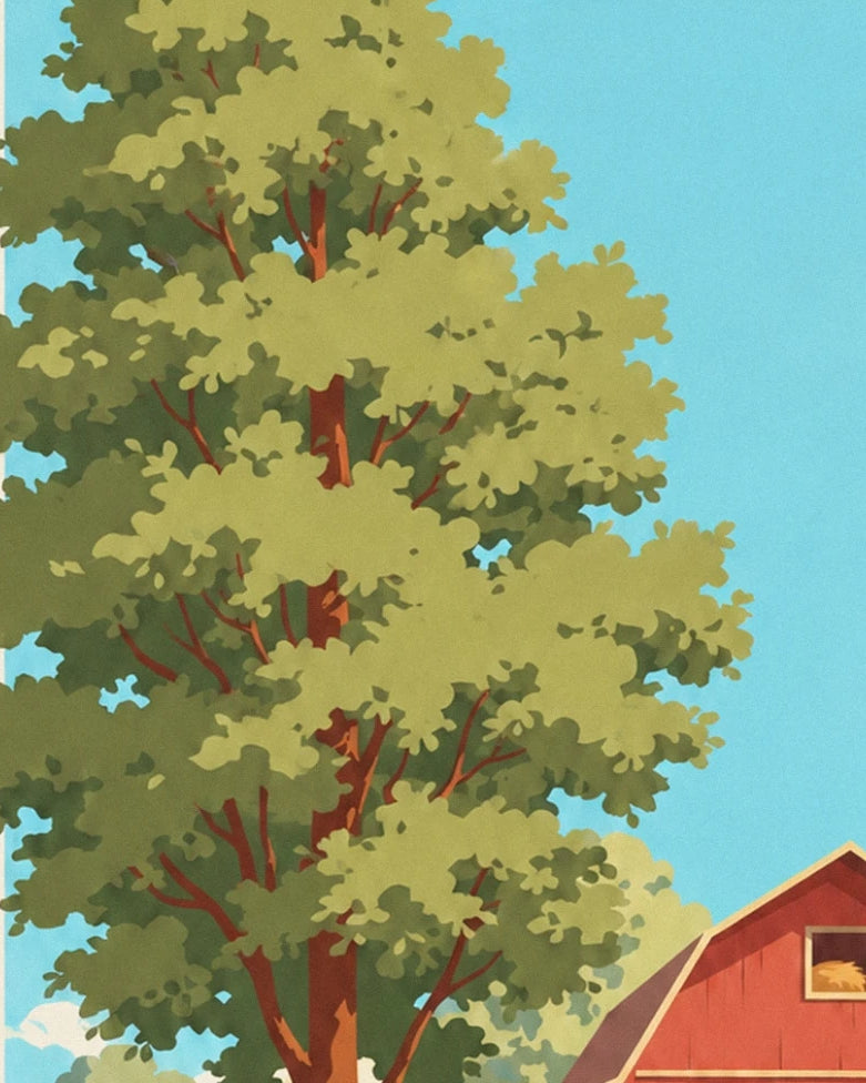 A large oak with olive green leaves beneath a blue sky, with a corner of the red barn's roof