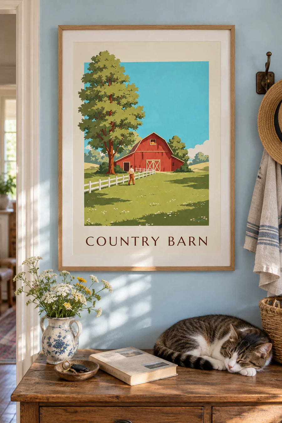 Red wooden barn in the countryside poster: framed on the wall