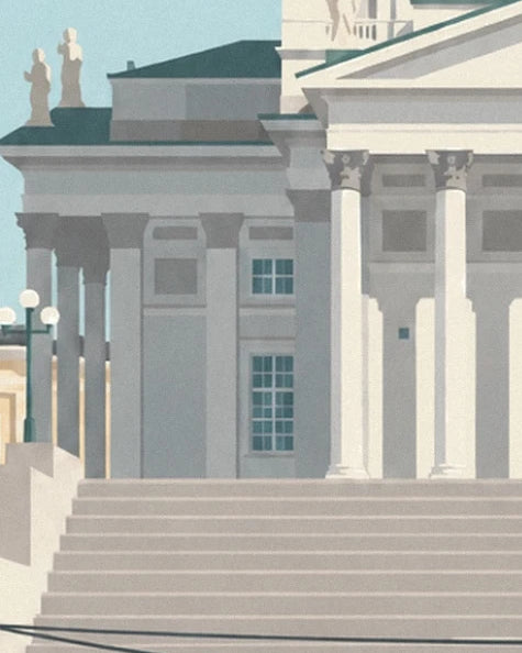 The white columns and paned windows of the cathedral above the steps