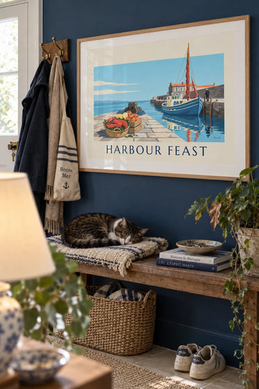Poster of a red lobster, tomatoes and lemon on the harbor slipway: framed on the wall