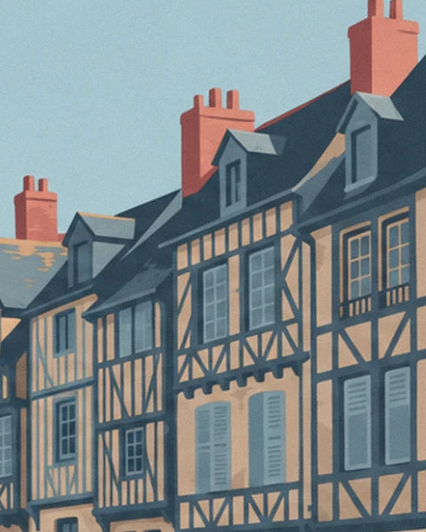 The timber-framed houses with blue shutters and red chimneys, beneath a clear sky