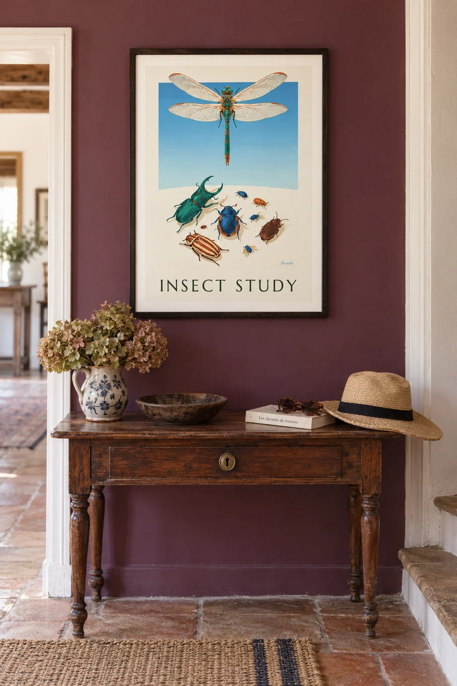 Poster of an entomological plate of beetles and dragonflies: framed on the wall