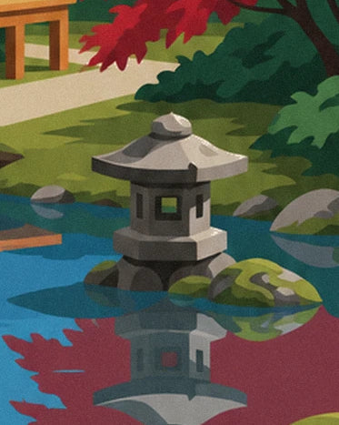 A stone lantern and its reflection in the water beside mossy rocks
