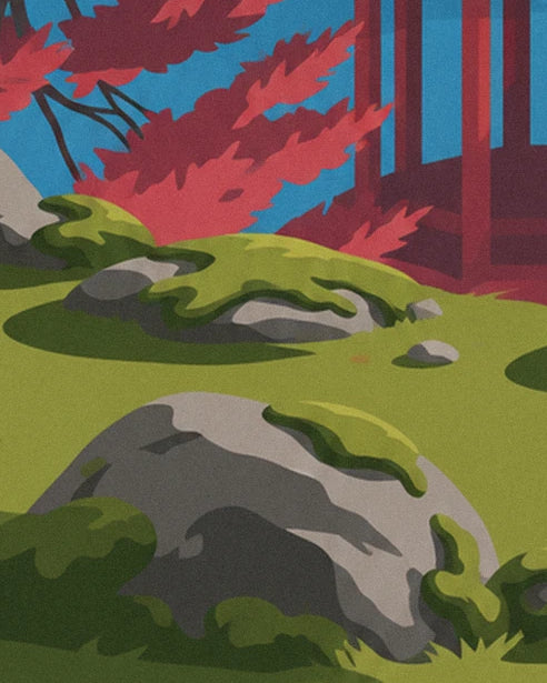 Rocks covered in green moss at the foot of the red pavilion and maple trees