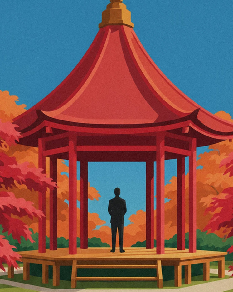 A figure beneath the red pavilion, surrounded by maples in autumn colours