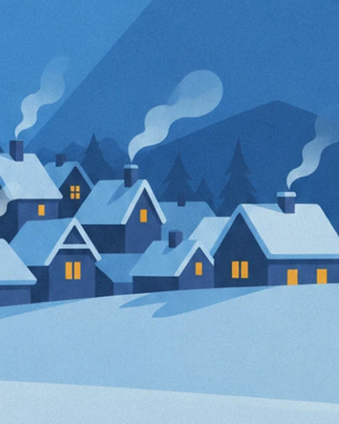 Les maisons aux toits enneigés, fenêtres allumées et fumées de cheminées, devant les sapins