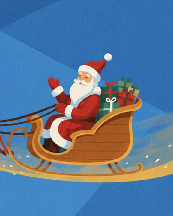 Le Père Noël en habit rouge qui salue, dans son traîneau doré chargé de cadeaux