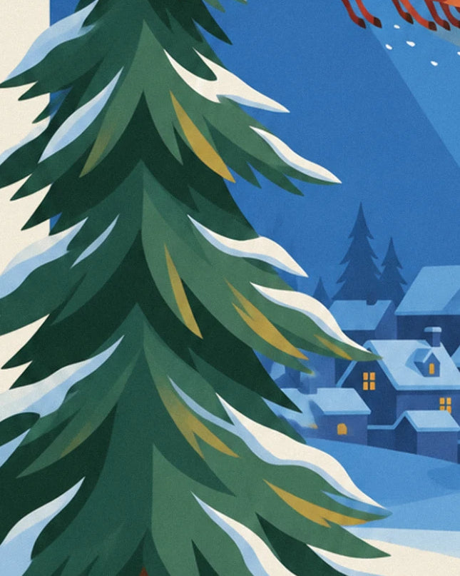 Un grand sapin enneigé et, derrière lui, les maisons du village aux fenêtres allumées