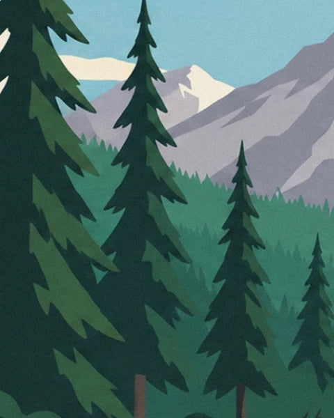 Les grands conifères vert sombre devant les montagnes enneigées de l’île de Vancouver
