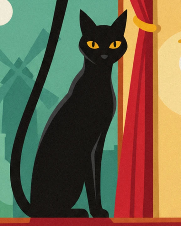 The black cat with yellow eyes sitting near the red curtain, with a green windmill behind