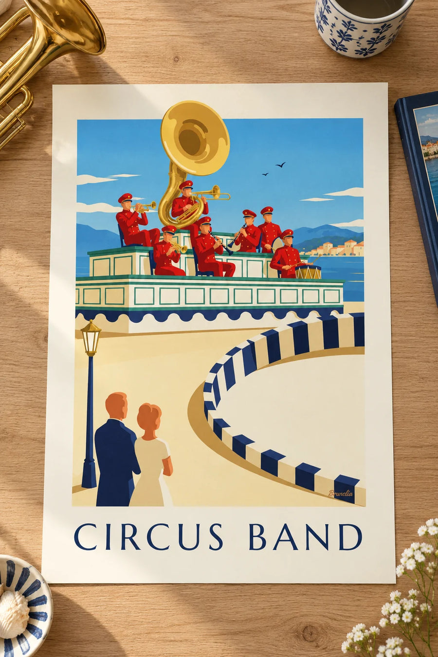 Poster of a circus orchestra playing on its decorated bandstand: placed on a table
