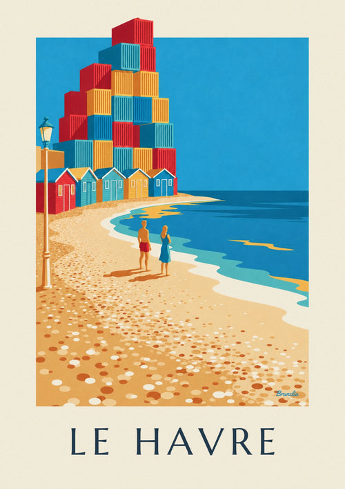 Beach cabins and Le Havre container arch poster: the full poster