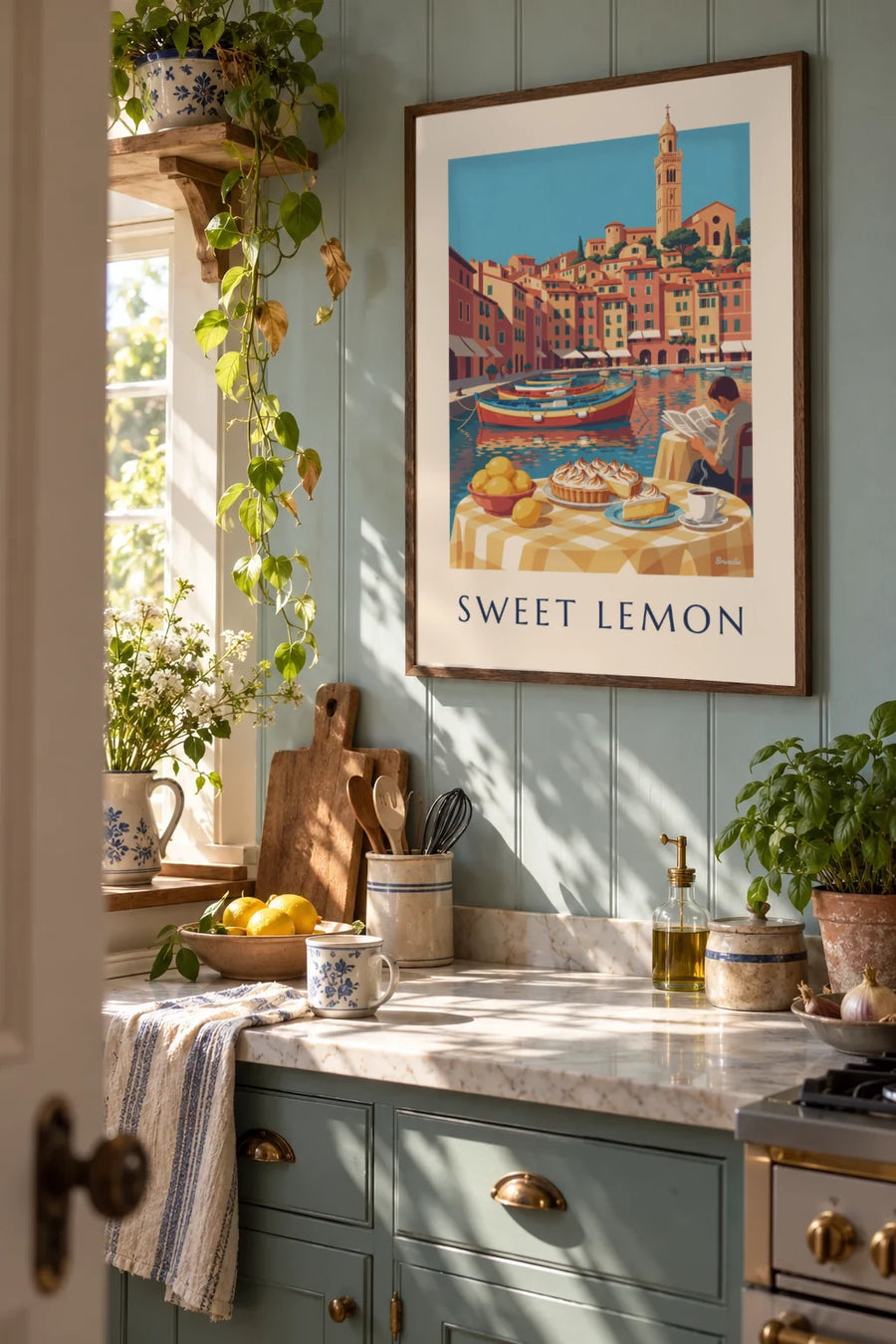 Lemon meringue pie on the Menton harbor poster: framed on the wall