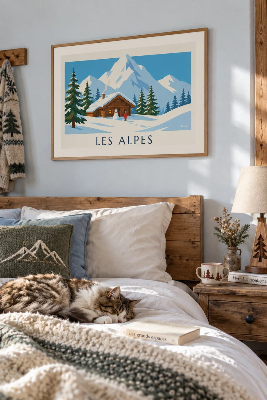 Poster of a snowy chalet and a snowman in the Alps: framed on the wall