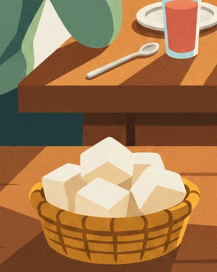 The wicker basket filled with large cubes of white bread, on the wooden table