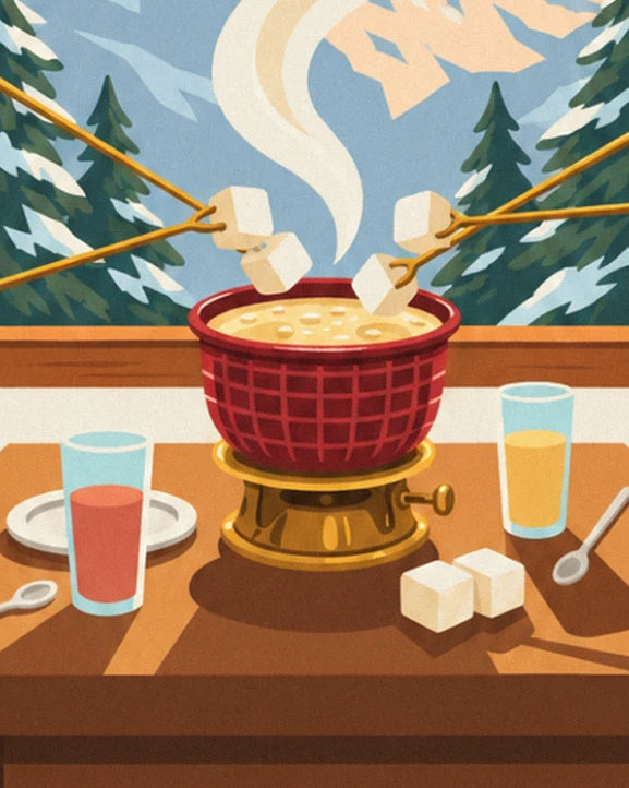 The red fondue pot on its golden burner, 4 cubes of bread on forks