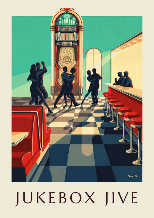 Jukebox and rock dancer silhouettes poster: the full poster