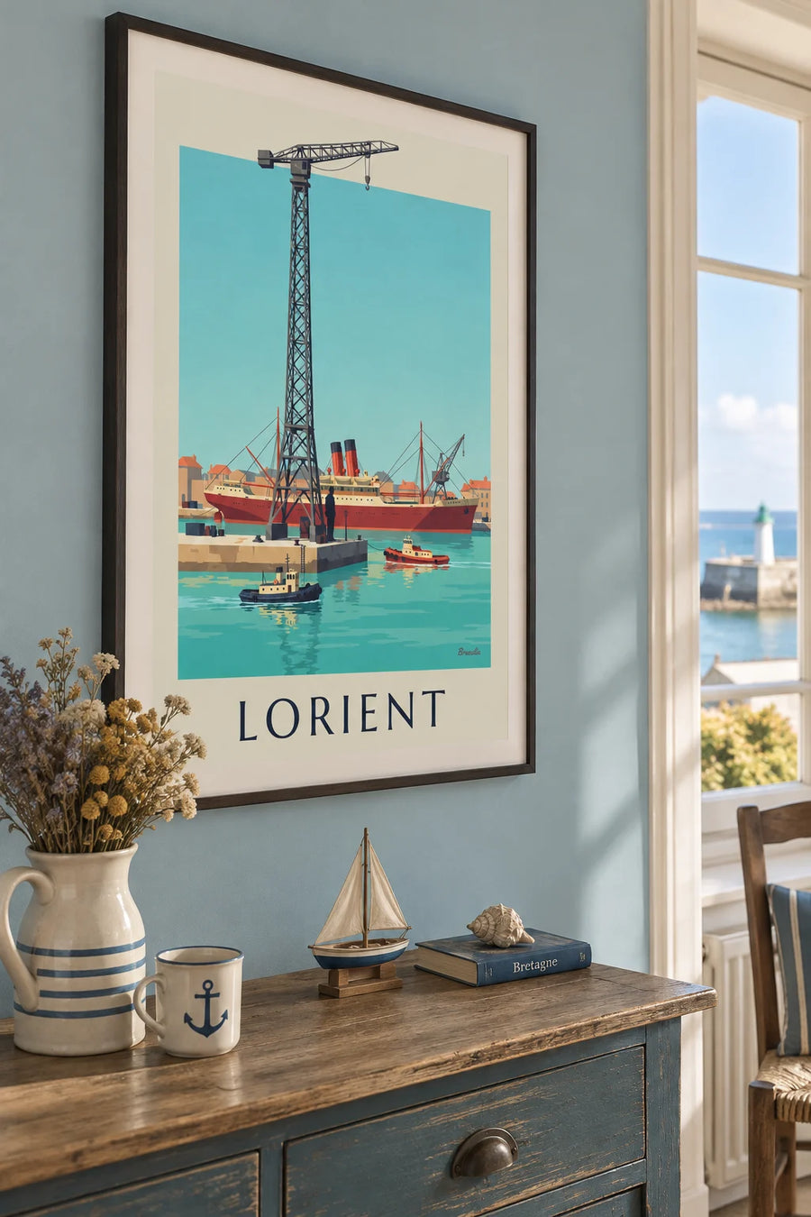 Affiche port de Lorient et navire marchand à quai : encadrée au mur