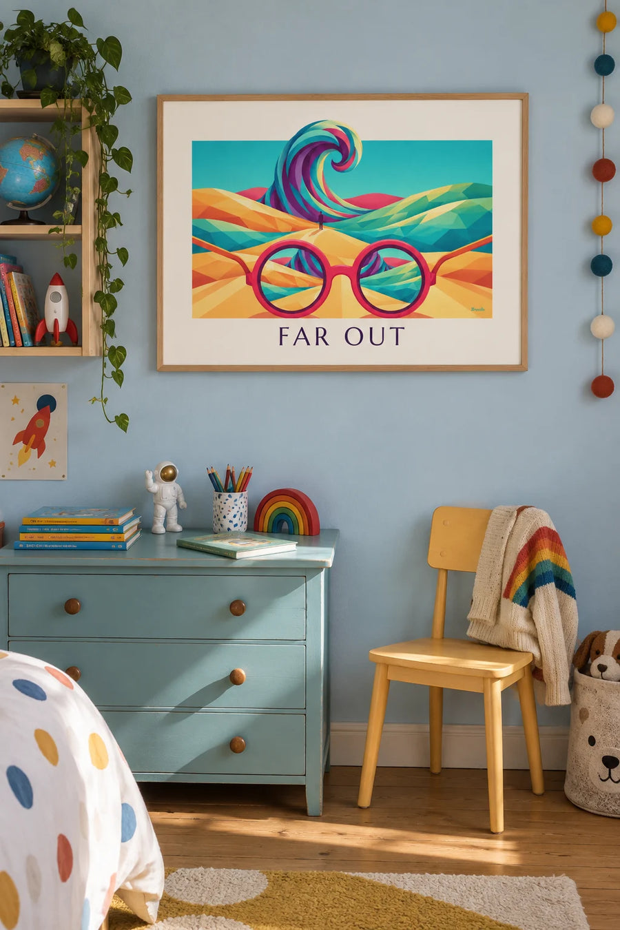 Affiche lunettes de soleil psychédéliques et paysage cosmique : encadrée au mur