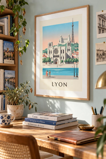 Affiche cathédrale Saint-Jean et quais de Saône à Lyon : encadrée au mur