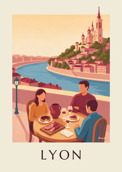 Poster of a Lyon bouchon facing the Saône and Fourvière: the full poster