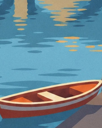 La barque rouge à bancs clairs au bord du quai, sur l’eau bleue aux reflets dorés