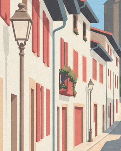 The façades with red shutters, the lanterns and a flower-filled window along the street