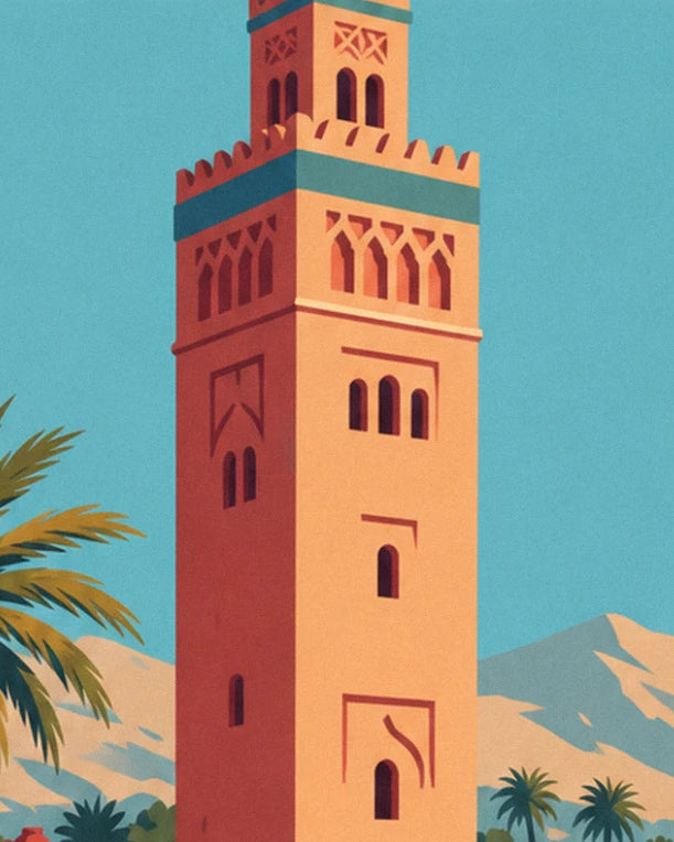 The ochre sandstone minaret of the Koutoubia, its arches and palm trees in front of the Atlas